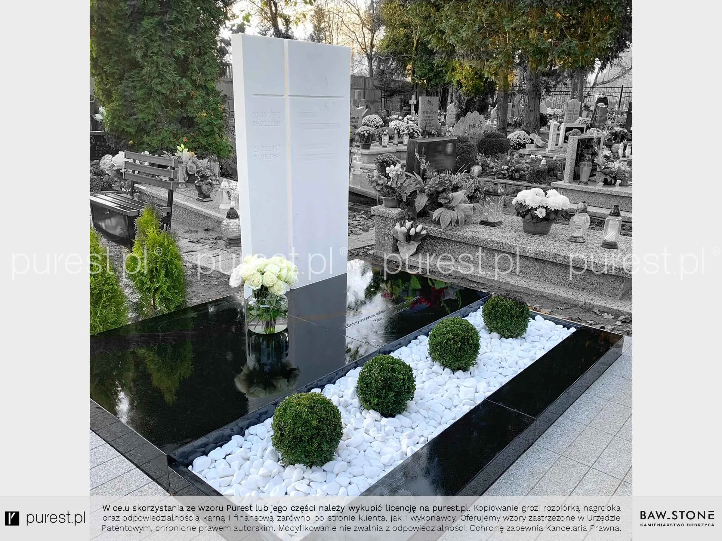Oryginalny nagrobek podwójny z białą tablicą i roślinami Koszalin Pomorskie