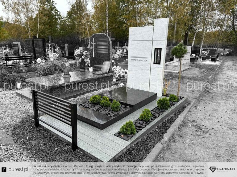 Wzór nagrobka z białą stela, z lampionem, niski, nowoczesny, minimalistyczny, Jelenia Góra