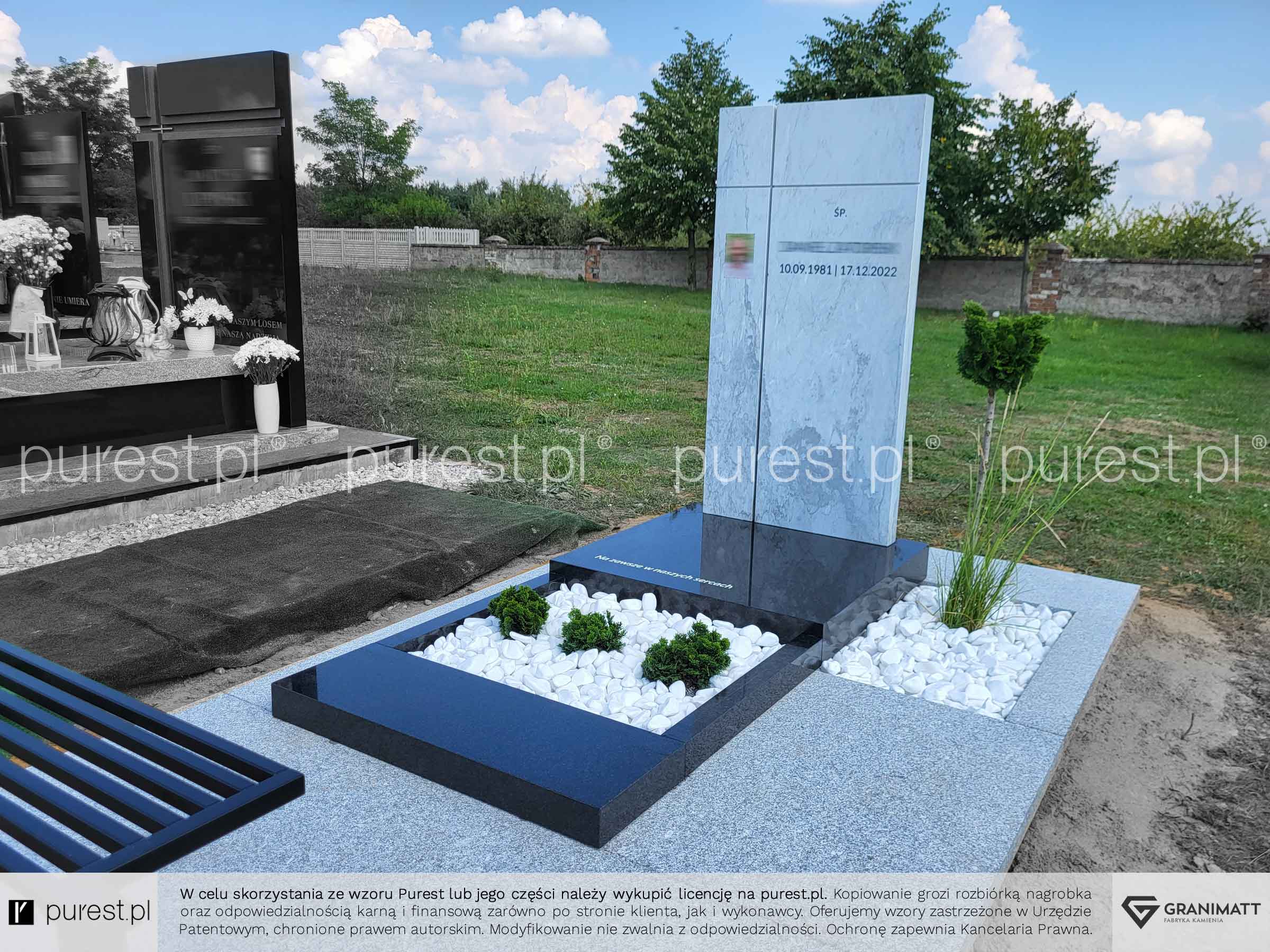 Ładne nagrobki granitowe pojedyncze z roślinami, białe, czarne, Maków