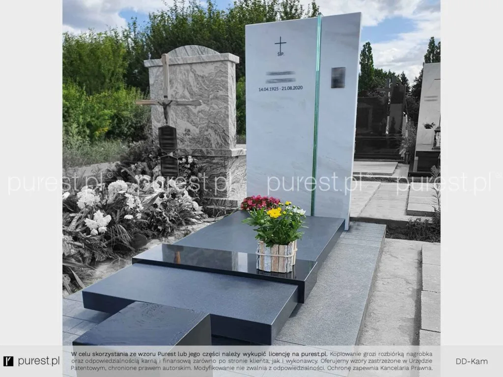 eleganckie pomniki pojedyncze z siedziskiem, ze szkłem, z białą tablicą Pyry